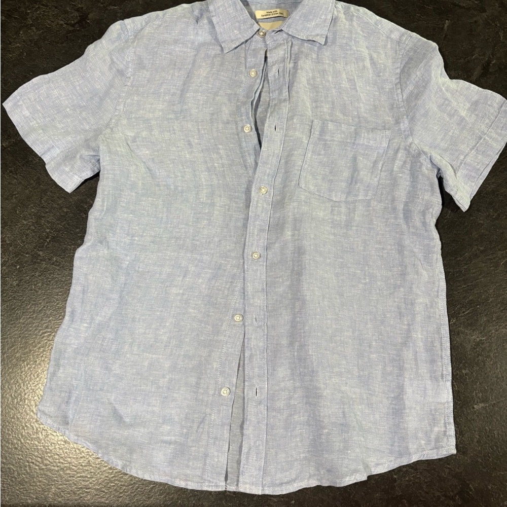Men's Classic Blue 100% European Linen.Short Sleeve Shirt.